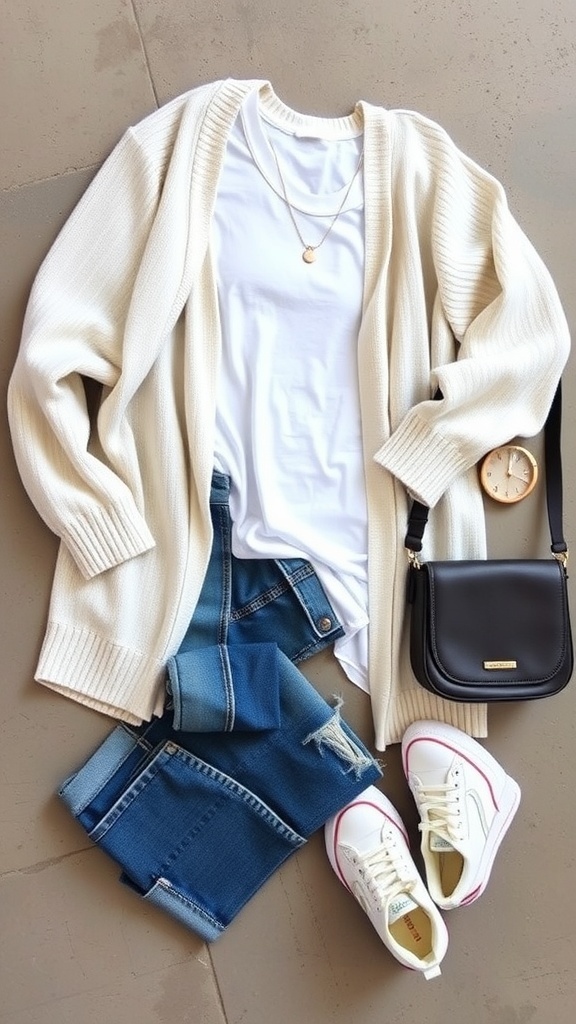 A casual outfit featuring jeans, a white t-shirt, a cardigan, sneakers, and a crossbody bag.